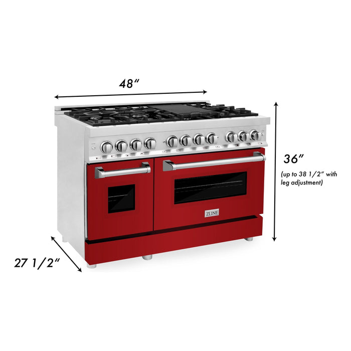 ZLINE 48 in. Dual Fuel Range with Red Gloss Door and 48 in. Range Hood Appliance Package 2KP-RARGRH48