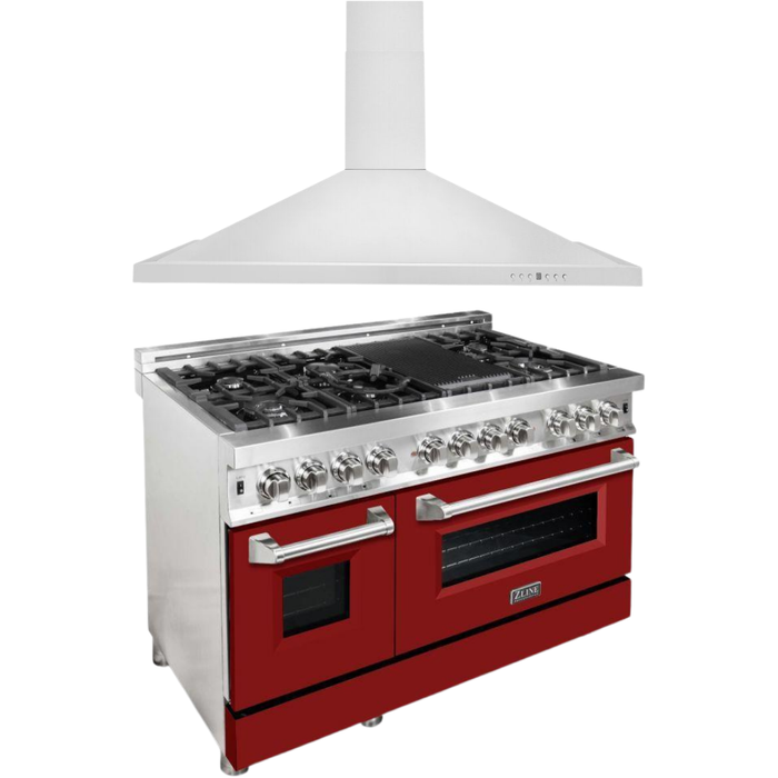 ZLINE 48 in. Dual Fuel Range with Red Matte Door and 48 in. Range Hood Appliance Package 2KP-RARMRH48