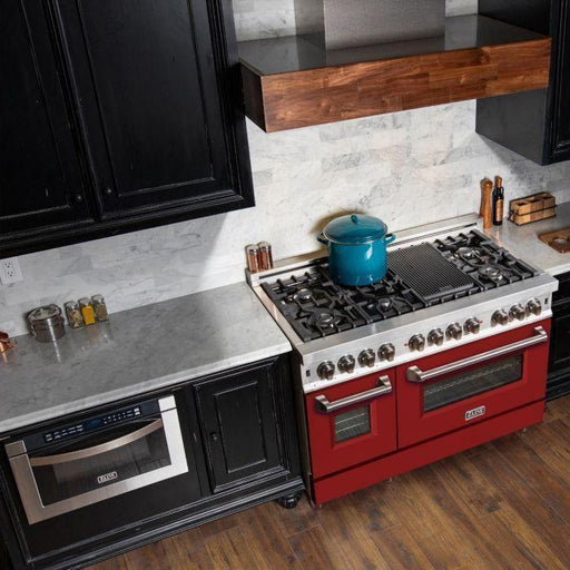 ZLINE 48 in. Dual Fuel Range with Red Matte Door and 48 in. Range Hood Appliance Package 2KP-RARMRH48