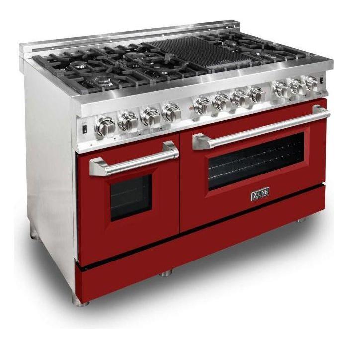 ZLINE 48 in. Dual Fuel Range with Red Matte Door and 48 in. Range Hood Appliance Package 2KP-RARMRH48