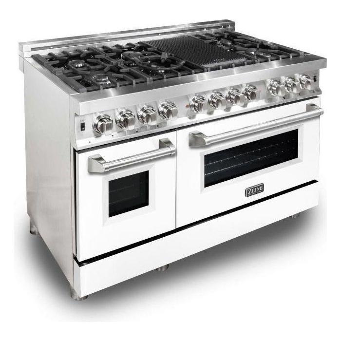 ZLINE 48 in. Dual Fuel Range with White Matte Door and 48 in. Range Hood Appliance Package 2KP-RAWMRH48