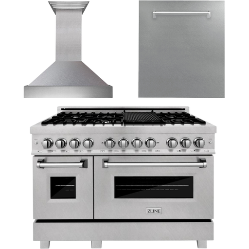 ZLINE 48 in. DuraSnow Stainless Dual Fuel Range, Ducted Vent Range Hood and Dishwasher Kitchen Appliance Package 3KP-RASRH48-DW