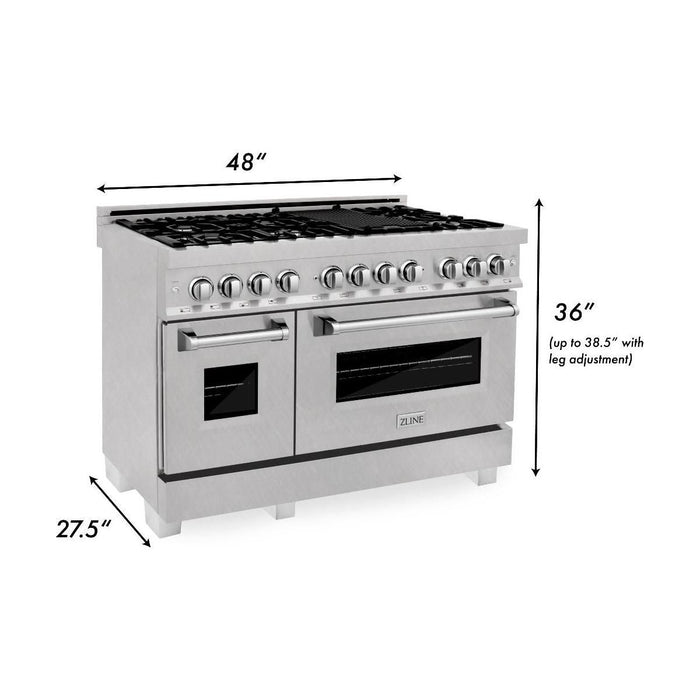 ZLINE 48 in. DuraSnow Stainless Dual Fuel Range, Ducted Vent Range Hood and Dishwasher Kitchen Appliance Package 3KP-RASRH48-DW