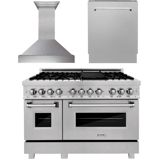 ZLINE 48 in. DuraSnow Stainless Dual Fuel Range, Ducted Vent Range Hood and Tall Tub Dishwasher Kitchen Appliance Package 3KP-RASRH48-DWV