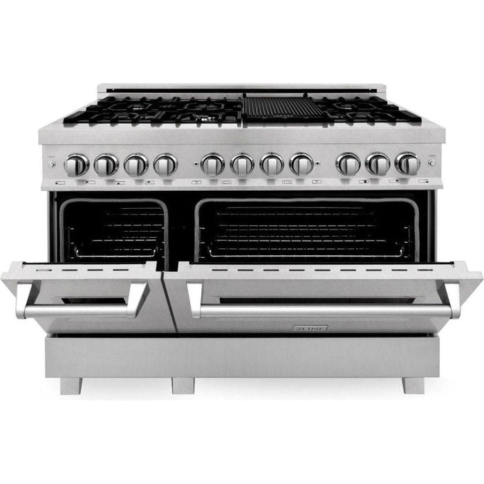 ZLINE 48 in. DuraSnow Stainless Dual Fuel Range, Ducted Vent Range Hood and Tall Tub Dishwasher Kitchen Appliance Package 3KP-RASRH48-DWV