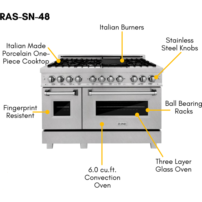 ZLINE 48 in. DuraSnow Stainless Dual Fuel Range, Ducted Vent Range Hood and Tall Tub Dishwasher Kitchen Appliance Package 3KP-RASRH48-DWV