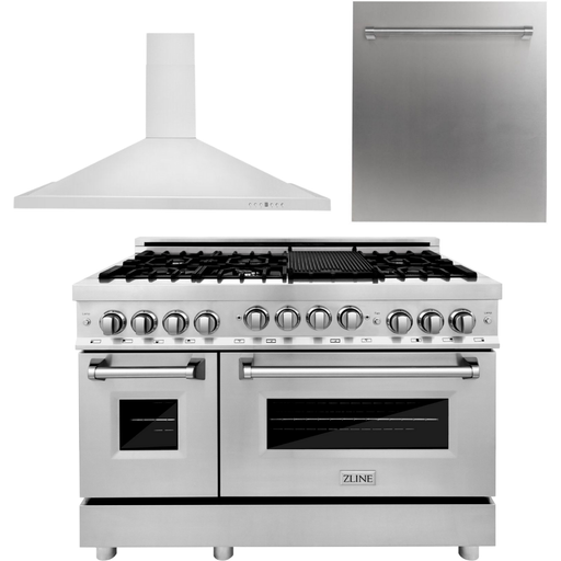 ZLINE 48 in. Gas Range, Range Hood and Dishwasher Appliance Package 3KP-RGRH48-DW