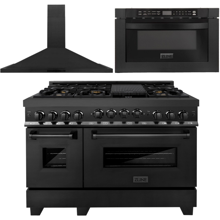 ZLINE 48 in. Gas Range, Range Hood and Microwave Drawer in Black Appliance Package 3KP-RGBRH48-MW