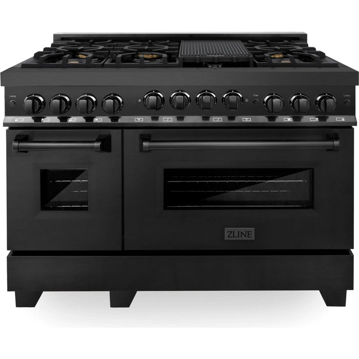 ZLINE 48 in. Gas Range, Range Hood and Microwave Drawer in Black Appliance Package 3KP-RGBRH48-MW