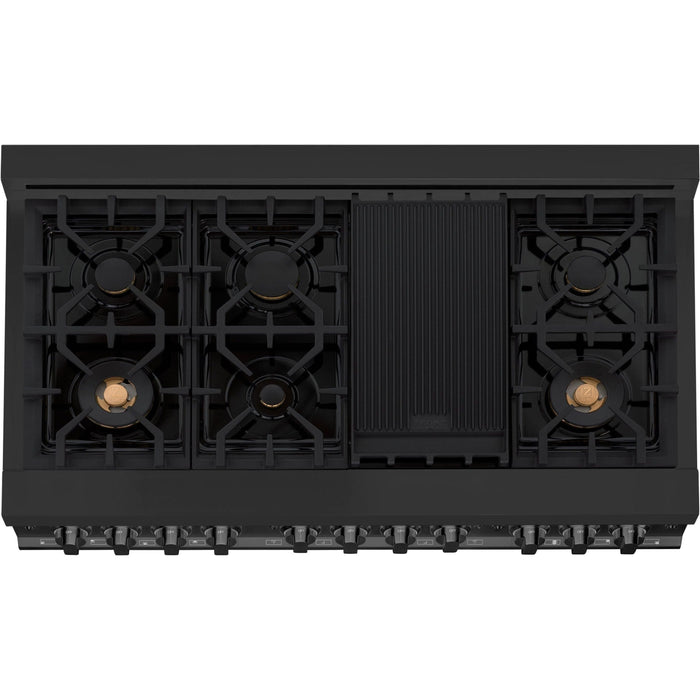 ZLINE 48 in. Gas Range, Range Hood and Microwave Drawer in Black Appliance Package 3KP-RGBRH48-MW