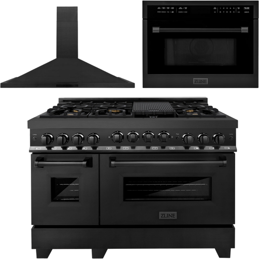 ZLINE 48 in. Gas Range, Range Hood and Microwave Oven in Black Appliance Package 3KP-RGBRH48-MO