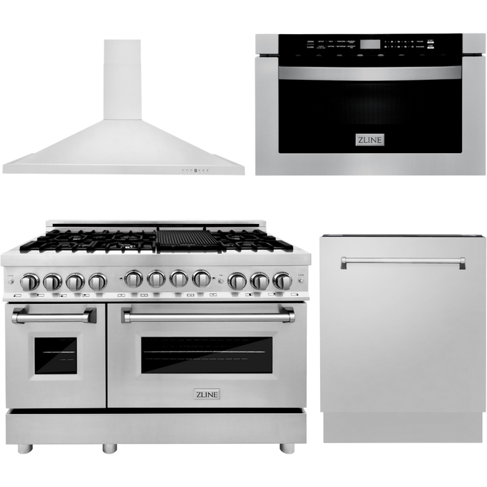 ZLINE 48 in. Gas Range, Range Hood, Microwave Drawer and 3 Rack Dishwasher Appliance Package 4KP-RGRH48-MWDWV