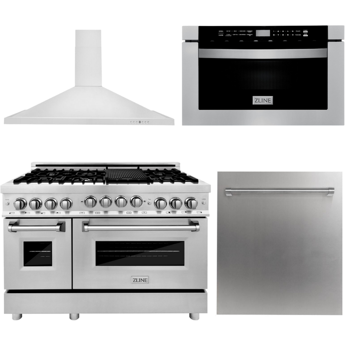 ZLINE 48 in. Gas Range, Range Hood, Microwave Drawer and Dishwasher Appliance Package 4KP-RGRH48-MWDW