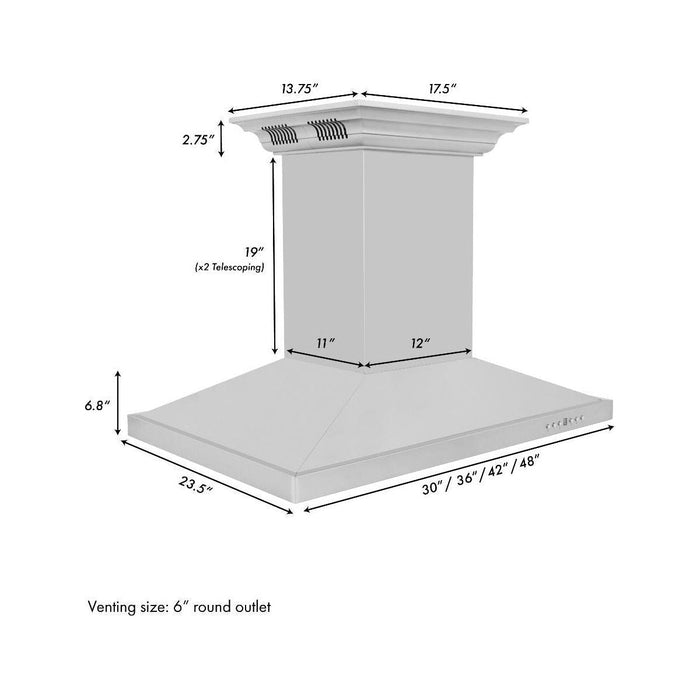 ZLINE 48 in. Island Mount Range Hood In Stainless Steel with Built-in CrownSound Bluetooth Speakers GL2iCRN-BT-48