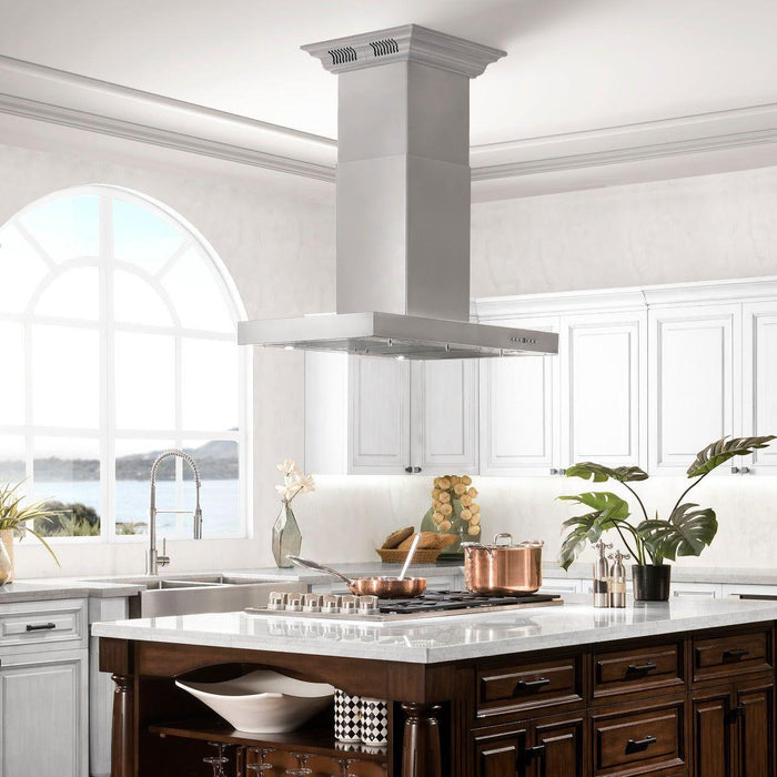 ZLINE 48 in. Island Mount Range Hood In Stainless Steel with Built-in CrownSound & Bluetooth Speakers KE2iCRN-BT-48