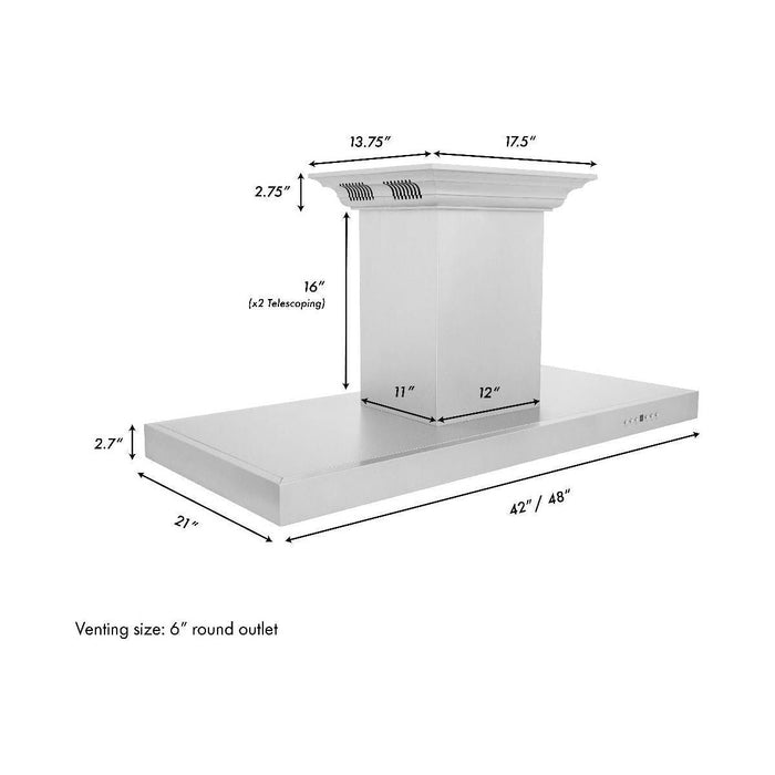 ZLINE 48 in. Island Mount Range Hood In Stainless Steel with Built-in CrownSound & Bluetooth Speakers KE2iCRN-BT-48