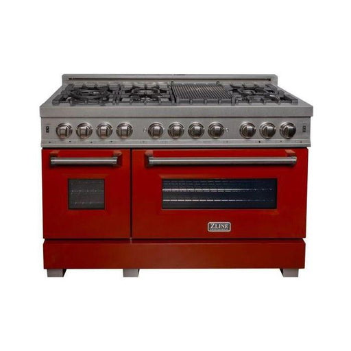 ZLINE 48 in. Professional Dual Fuel Range with Gas Burner and Electric Oven In DuraSnow Stainless Steel with Red Gloss Door RAS-RG-48