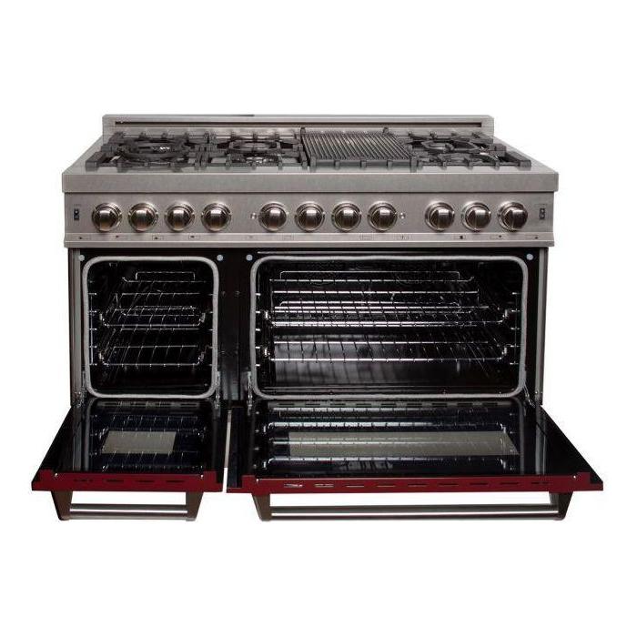 ZLINE 48 in. Professional Dual Fuel Range with Gas Burner and Electric Oven In DuraSnow Stainless Steel with Red Gloss Door RAS-RG-48