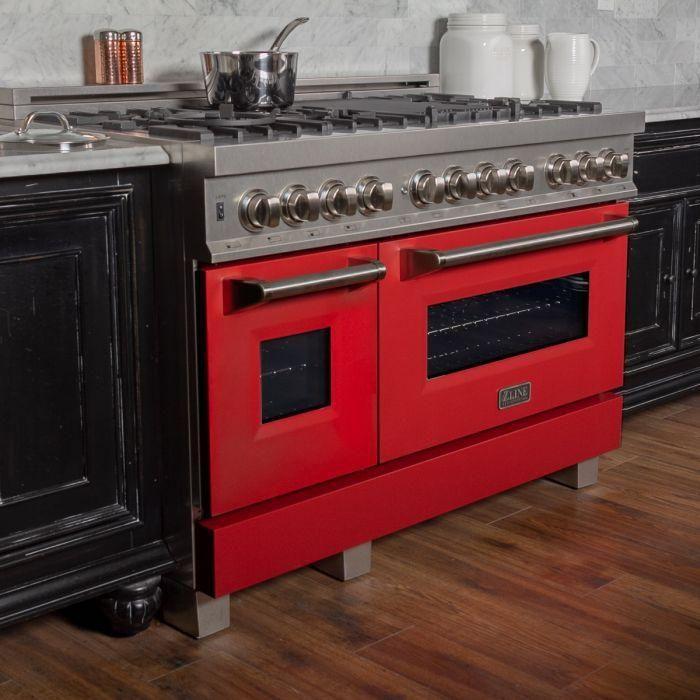 ZLINE 48 in. Professional Dual Fuel Range with Gas Burner and Electric Oven In DuraSnow Stainless with Red Matte Door RAS-RM-48