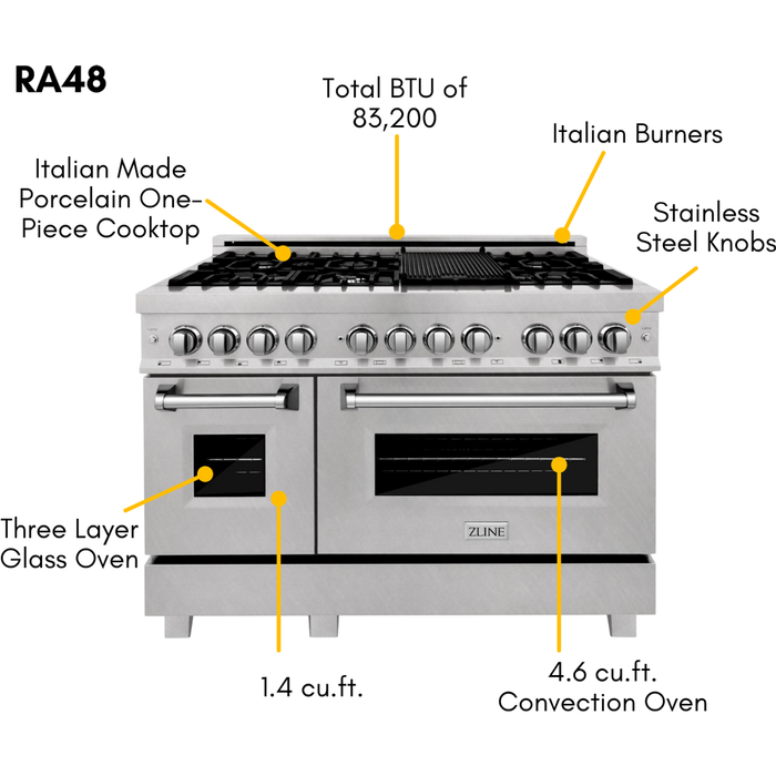 ZLINE 48 in. Professional Dual Fuel Range with Gas Burner and Electric Oven In Stainless Steel RA48