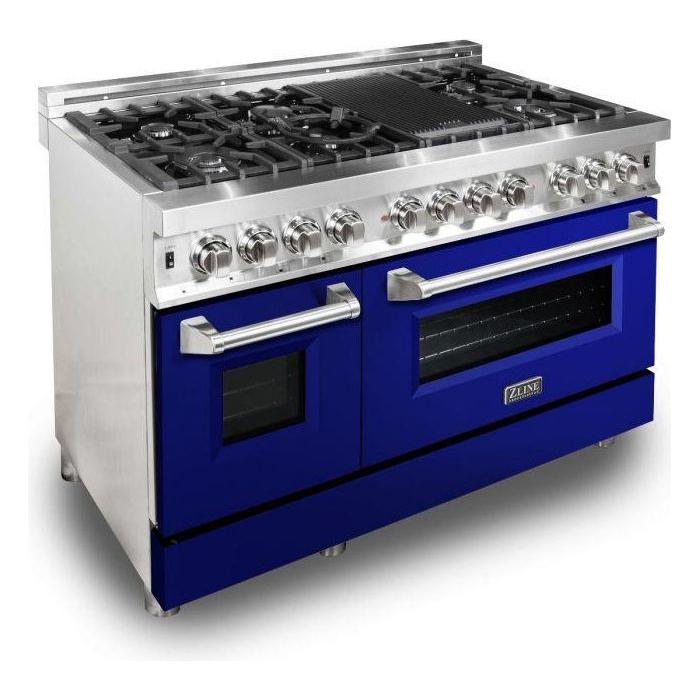 ZLINE 48 in. Professional Dual Fuel Range with Gas Burner and Electric Oven In Stainless Steel with Blue Gloss Door RA-BG-48