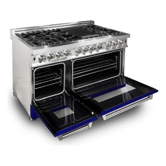 ZLINE 48 in. Professional Dual Fuel Range with Gas Burner and Electric Oven In Stainless Steel with Blue Gloss Door RA-BG-48