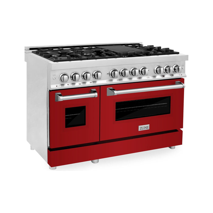 ZLINE 48 in. Professional Dual Fuel Range with Gas Burner and Electric Oven In Stainless Steel with Red Gloss Door RA-RG-48