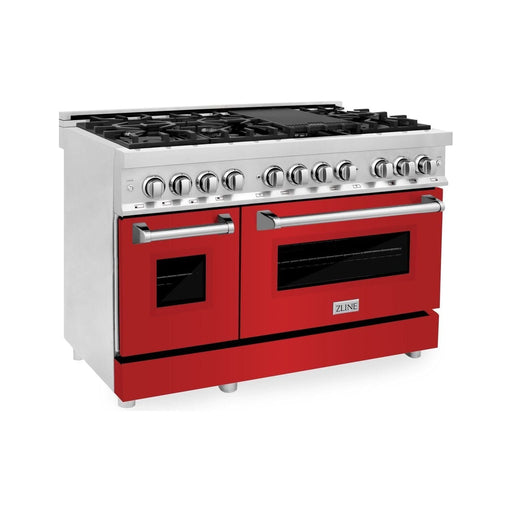 ZLINE 48 in. Professional Dual Fuel Range with Gas Burner and Electric Oven In Stainless Steel with Red Matte Door RA-RM-48