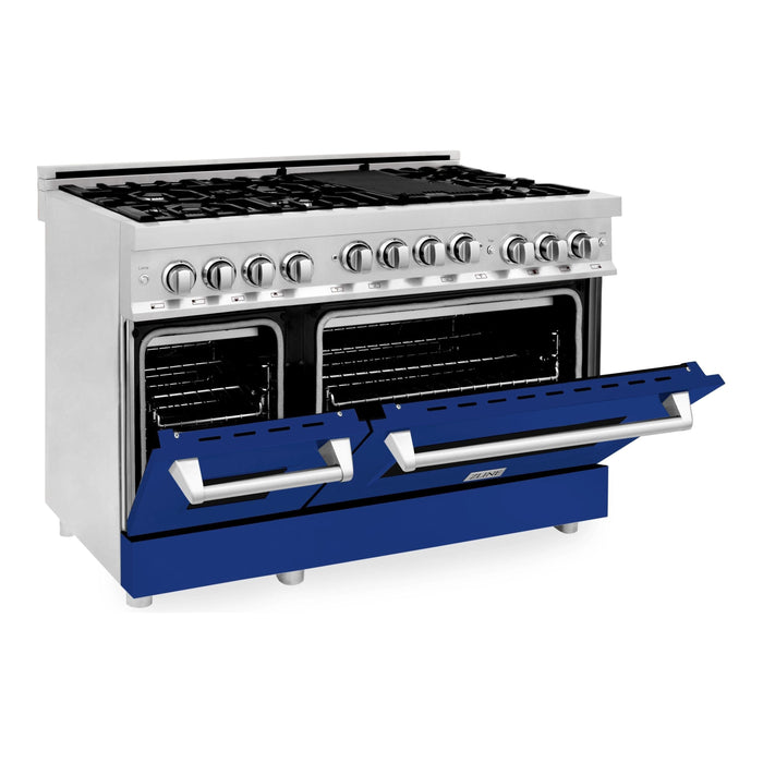 ZLINE 48 Inch 6.0 cu. ft. Range with Gas Stove and Gas Oven In Stainless Steel and Blue Gloss Door RG-BG-48