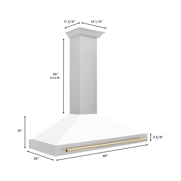 ZLINE 48 Inch Autograph Edition DuraSnow® Stainless Steel Range Hood with a White Matte Shell and Gold Handle, KB4SNZ-WM48-G