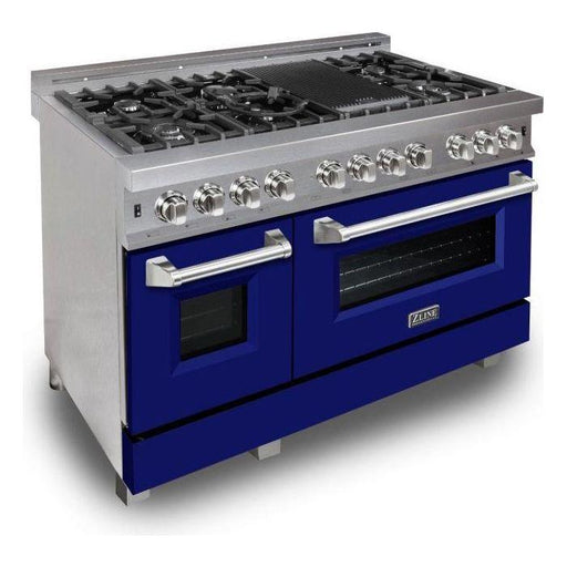 ZLINE 48-Inch Professional Dual Fuel Range In DuraSnow Stainless with Blue Matte Door RAS-BM-48