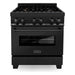 ZLINE 5-Piece Appliance Package - 30-Inch Gas Range with Brass Burners, Refrigerator with Water Dispenser, Convertible Wall Mount Hood, Microwave Drawer, and 3-Rack Dishwasher in Black Stainless Steel (5KPRW-RGBRH30-MWDWV)