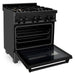 ZLINE 5-Piece Appliance Package - 30-Inch Gas Range with Brass Burners, Refrigerator with Water Dispenser, Convertible Wall Mount Hood, Microwave Drawer, and 3-Rack Dishwasher in Black Stainless Steel (5KPRW-RGBRH30-MWDWV)