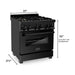 ZLINE 5-Piece Appliance Package - 30-Inch Gas Range with Brass Burners, Refrigerator with Water Dispenser, Convertible Wall Mount Hood, Microwave Drawer, and 3-Rack Dishwasher in Black Stainless Steel (5KPRW-RGBRH30-MWDWV)