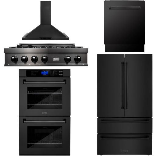 ZLINE 5-Piece Appliance Package - 36 In. Gas Rangetop, Range Hood, Refrigerator, Dishwasher and Double Wall Oven in Black Stainless Steel, 5KPR-RTBRH36-AWDDWV