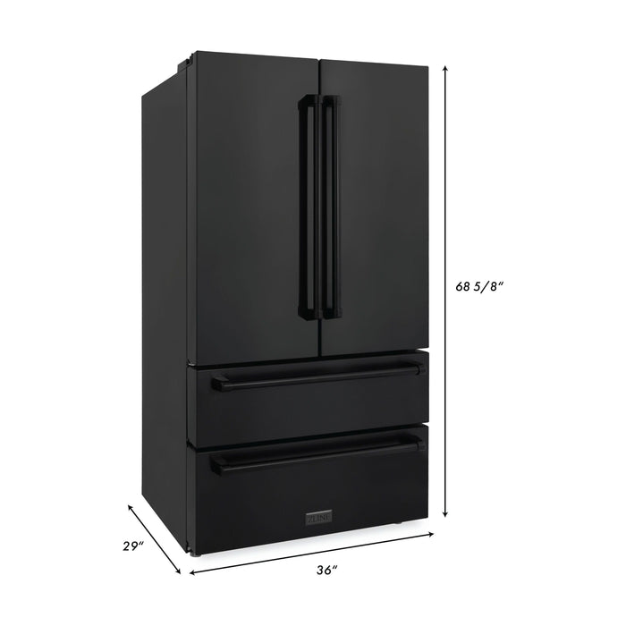 ZLINE 5-Piece Appliance Package - 36 In. Gas Rangetop, Range Hood, Refrigerator, Dishwasher and Double Wall Oven in Black Stainless Steel, 5KPR-RTBRH36-AWDDWV