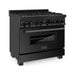 ZLINE 5-Piece Appliance Package - 36-Inch Gas Range with Brass Burners, Refrigerator with Water Dispenser, Convertible Wall Mount Hood, Microwave Drawer, and 3-Rack Dishwasher in Black Stainless Steel (5KPRW-RGBRH36-MWDWV)