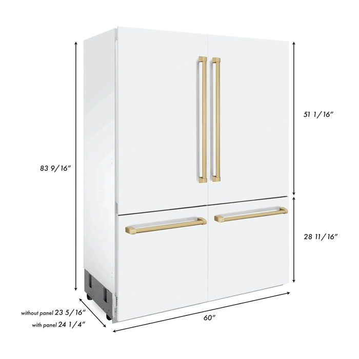 ZLINE 60 In. 32.2 cu. ft. Built-In Refrigerator with Internal Water and Ice Dispenser in White Matte with Champagne Bronze Accents, RBIVZ-WM-60-CB