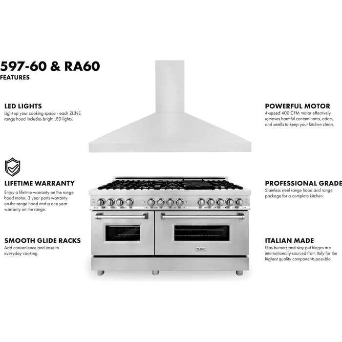 ZLINE 60 in. Dual Fuel Range and 60 in. Range Hood Appliance Package 2KP-RARH60