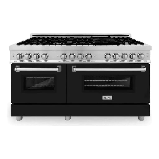 ZLINE 60 In. Professional Dual Fuel Range in DuraSnow®Stainless Steel with Black Matte Door, RAS-BLM-60