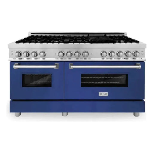 ZLINE 60 In. Professional Dual Fuel Range in DuraSnow® Stainless Steel with Blue Gloss Door, RAS-BG-60