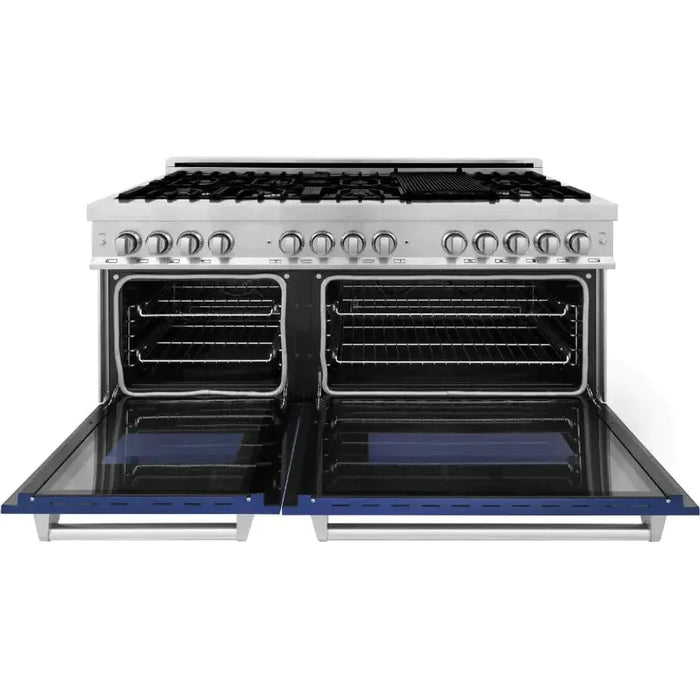 ZLINE 60 In. Professional Dual Fuel Range in DuraSnow® Stainless Steel with Blue Gloss Door, RAS-BG-60