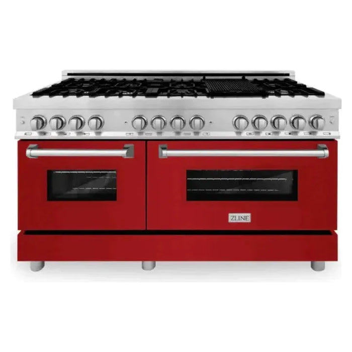 ZLINE 60 In. Professional Dual Fuel Range in DuraSnow®Stainless Steel with Red Gloss Door, RAS-RG-60