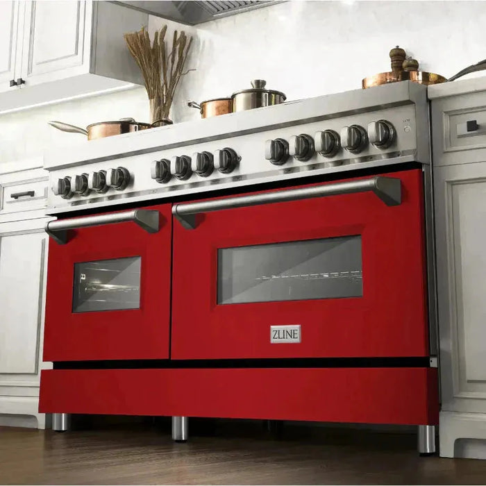 ZLINE 60 In. Professional Dual Fuel Range in DuraSnow®Stainless Steel with Red Gloss Door, RAS-RG-60