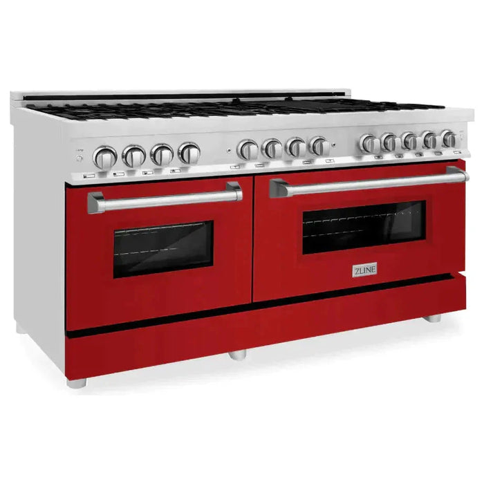 ZLINE 60 In. Professional Dual Fuel Range in DuraSnow®Stainless Steel with Red Gloss Door, RAS-RG-60