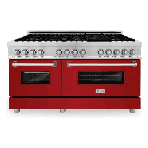 ZLINE 60 In. Professional Dual Fuel Range in DuraSnow®Stainless Steel with Red Matte Door, RAS-RM-60