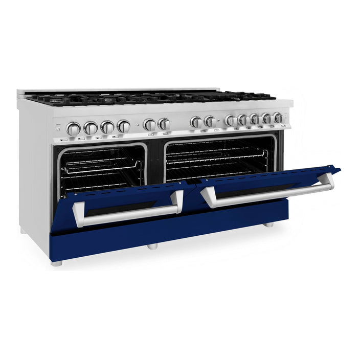 ZLINE 60 In. Professional Dual Fuel Range in Stainless Steel with Blue Gloss Door, RA-BG-60