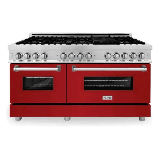 ZLINE 60 In. Professional Dual Fuel Range in Stainless Steel with Red Gloss Door, RA-RG-60