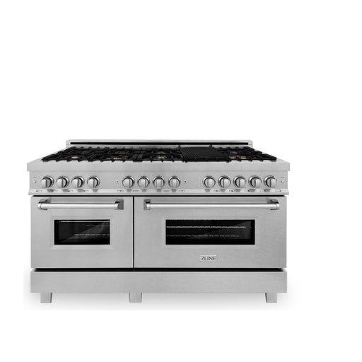 ZLINE 60 in. Professional Gas Burner, 7.6 cu. ft. Electric Oven In DuraSnow Stainless and Brass Burner Set RAS-SN-BR-60