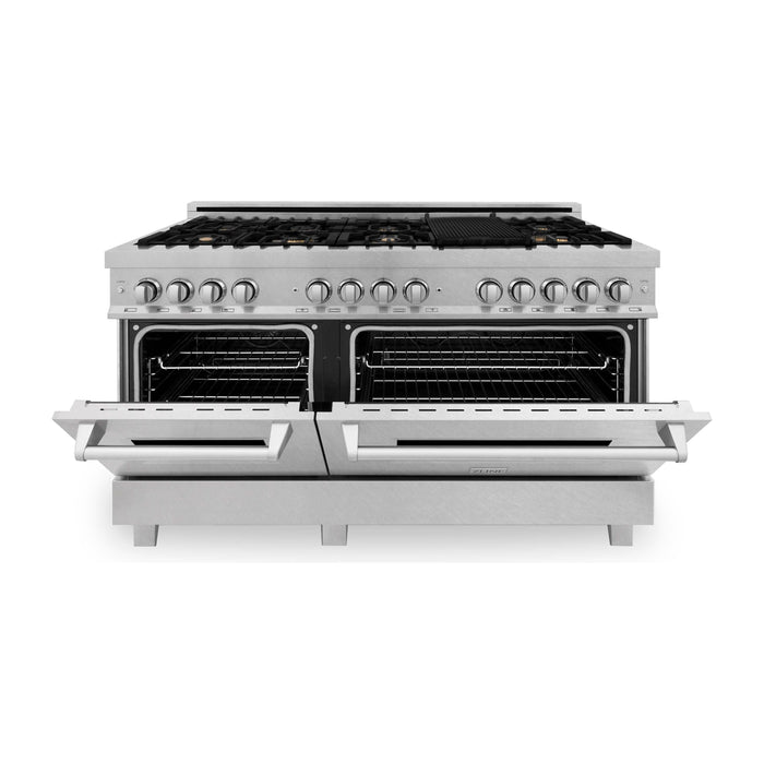 ZLINE 60 in. Professional Gas Burner, 7.6 cu. ft. Electric Oven In DuraSnow Stainless and Brass Burner Set RAS-SN-BR-60